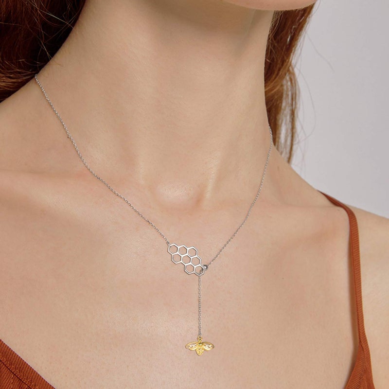 LUHE Bee Necklace Gifts Jewelry for Women Her Sterling Silver Gold Plated Geometric Honeycomb Bumble Bee Y-Necklace Beehive and Bee Pendant Necklace - Image 2